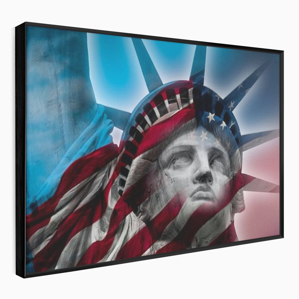 Tablou canvas cu statuia libertatii suprapusa cu steagul american, in rama de aluminiu negru